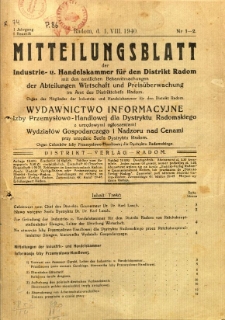 Mitteilungsblatt der Industrie-u. Handelskammer für den Distrikt Radom = Wydawnictwo Informacyjne Izby Przemysłowo-Handlowej dla Dystryktu Radomskiego, 1940, R. 1, nr 1/2