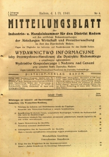 Mitteilungsblatt der Industrie-u. Handelskammer für den Distrikt Radom = Wydawnictwo Informacyjne Izby Przemysłowo-Handlowej dla Dystryktu Radomskiego, 1940, R. 1, nr 4