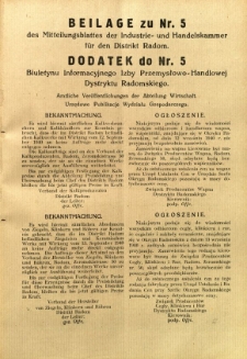 Mitteilungsblatt der Industrie-u. Handelskammer für den Distrikt Radom = Wydawnictwo Informacyjne Izby Przemysłowo-Handlowej dla Dystryktu Radomskiego, 1940, R. 1, nr 5 - dodatek
