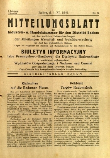 Mitteilungsblatt der Industrie-u. Handelskammer für den Distrikt Radom = Wydawnictwo Informacyjne Izby Przemysłowo-Handlowej dla Dystryktu Radomskiego, 1940, R. 1, nr 8