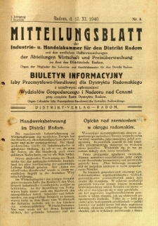Mitteilungsblatt der Industrie-u. Handelskammer für den Distrikt Radom = Wydawnictwo Informacyjne Izby Przemysłowo-Handlowej dla Dystryktu Radomskiego, 1940, R. 1, nr 9