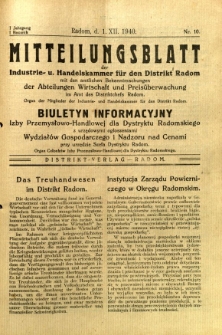 Mitteilungsblatt der Industrie-u. Handelskammer für den Distrikt Radom = Wydawnictwo Informacyjne Izby Przemysłowo-Handlowej dla Dystryktu Radomskiego, 1940, R. 1, nr 10