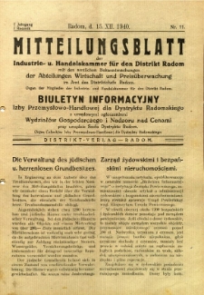 Mitteilungsblatt der Industrie-u. Handelskammer für den Distrikt Radom = Wydawnictwo Informacyjne Izby Przemysłowo-Handlowej dla Dystryktu Radomskiego, 1940, R. 1, nr 11