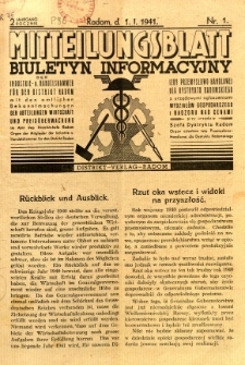 Mitteilungsblatt der Industrie-u. Handelskammer für den Distrikt Radom = Wydawnictwo Informacyjne Izby Przemysłowo-Handlowej dla Dystryktu Radomskiego, 1941, R. 2, nr 1