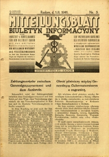 Mitteilungsblatt der Industrie-u. Handelskammer für den Distrikt Radom = Wydawnictwo Informacyjne Izby Przemysłowo-Handlowej dla Dystryktu Radomskiego, 1941, R. 2, nr 3