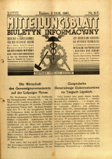 Mitteilungsblatt der Industrie-u. Handelskammer für den Distrikt Radom = Wydawnictwo Informacyjne Izby Przemysłowo-Handlowej dla Dystryktu Radomskiego, 1941, R. 2, nr 6/7