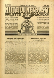 Mitteilungsblatt der Industrie-u. Handelskammer für den Distrikt Radom = Wydawnictwo Informacyjne Izby Przemysłowo-Handlowej dla Dystryktu Radomskiego, 1941, R. 2, nr 17