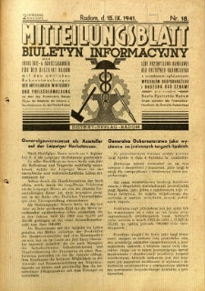 Mitteilungsblatt der Industrie-u. Handelskammer für den Distrikt Radom = Wydawnictwo Informacyjne Izby Przemysłowo-Handlowej dla Dystryktu Radomskiego, 1941, R. 2, nr 18
