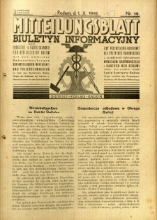 Mitteilungsblatt der Industrie-u. Handelskammer für den Distrikt Radom = Wydawnictwo Informacyjne Izby Przemysłowo-Handlowej dla Dystryktu Radomskiego, 1941, R. 2, nr 19