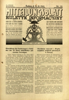 Mitteilungsblatt der Industrie-u. Handelskammer für den Distrikt Radom = Wydawnictwo Informacyjne Izby Przemysłowo-Handlowej dla Dystryktu Radomskiego, 1941, R. 2, nr 20