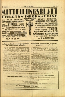 Mitteilungsblatt der Industrie-u. Handelskammer für den Distrikt Radom = Wydawnictwo Informacyjne Izby Przemysłowo-Handlowej dla Dystryktu Radomskiego, 1942, R. 3, nr 4