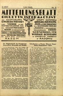 Mitteilungsblatt der Industrie-u. Handelskammer für den Distrikt Radom = Wydawnictwo Informacyjne Izby Przemysłowo-Handlowej dla Dystryktu Radomskiego, 1942, R. 3, nr 5
