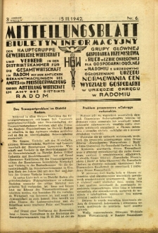 Mitteilungsblatt der Industrie-u. Handelskammer für den Distrikt Radom = Wydawnictwo Informacyjne Izby Przemysłowo-Handlowej dla Dystryktu Radomskiego, 1942, R. 3, nr 6