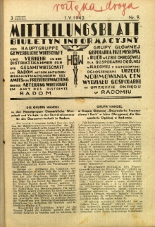 Mitteilungsblatt der Industrie-u. Handelskammer für den Distrikt Radom = Wydawnictwo Informacyjne Izby Przemysłowo-Handlowej dla Dystryktu Radomskiego, 1942, R. 3, nr 9