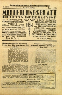 Mitteilungsblatt der Industrie-u. Handelskammer für den Distrikt Radom = Wydawnictwo Informacyjne Izby Przemysłowo-Handlowej dla Dystryktu Radomskiego, 1942, R. 3, nr 11/12