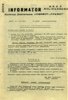 Informator NSZZ Solidarność : Komisja Zakładowa -OBRŚOT-"PREBOT", 1981, 1981-03-17