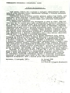 Oświadczenie Towarzystwa Popierania i Krzewienia Nauki