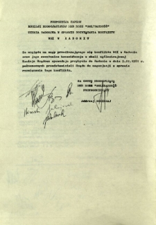 Propozycja zapisu Komisji Negocjacyjnej MKR NSZZ "Solidarność" Ziemi Radomskiej w sprawie rozwiązania konfliktu WSI Radom