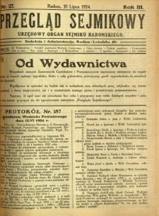 Przegląd Sejmikowy : Urzędowy Organ Sejmiku Radomskiego, 1924, R. 3, nr 27