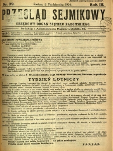 Przegląd Sejmikowy : Urzędowy Organ Sejmiku Radomskiego, 1924, R. 3, nr 39