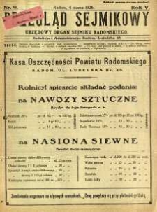 Przegląd Sejmikowy : Urzędowy Organ Sejmiku Radomskiego, 1926, R. 5, nr 9