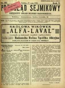 Przegląd Sejmikowy : Urzędowy Organ Sejmiku Radomskiego, 1926, R. 5, nr 20