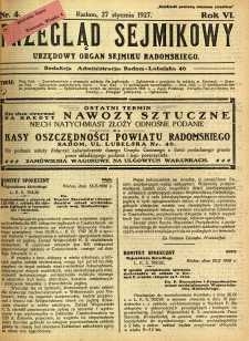 Przegląd Sejmikowy : Urzędowy Organ Sejmiku Radomskiego, 1927, R. 6, nr 4