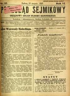 Przegląd Sejmikowy : Urzędowy Organ Sejmiku Radomskiego, 1927, R. 6, nr 33