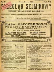Przegląd Sejmikowy : Urzędowy Organ Sejmiku Radomskiego, 1928, R. 7, nr 10