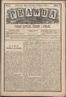 Prawda : tygodnik polityczny, społeczny i literacki, 1881, R. 1, nr 14