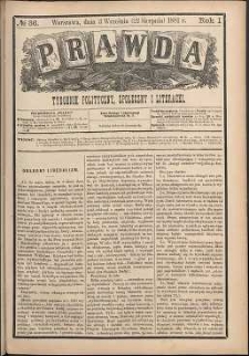 Prawda : tygodnik polityczny, społeczny i literacki, 1881, R. 1, nr 36