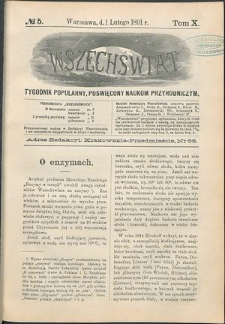 Wszechświat : Tygodnik popularny, poświęcony naukom przyrodniczym, 1891, T. 10, nr 5