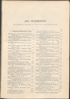 Wszechświat : Tygodnik popularny, poświęcony naukom przyrodniczym, 1891, T. 10, spis przedmiotów ułożonych według treści artykułów