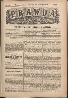 Prawda : tygodnik polityczny, społeczny i literacki, 1884, R.4, nr 14