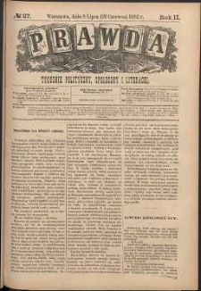 Prawda : tygodnik polityczny, społeczny i literacki, 1882, R. 2, nr 27