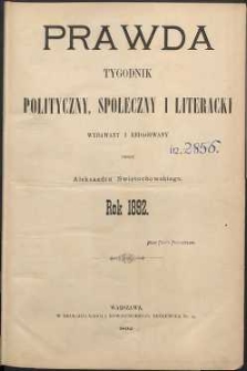 Prawda : tygodnik polityczny, społeczny i literacki, 1892, R. 12, Spis rzeczy