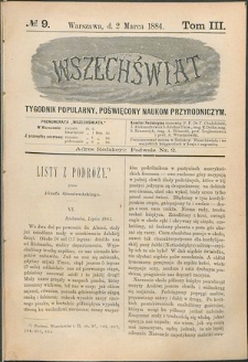 Wszechświat : Tygodnik popularny, poświęcony naukom przyrodniczym, 1884, T. 3, nr 9
