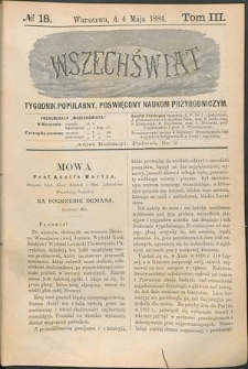 Wszechświat : Tygodnik popularny, poświęcony naukom przyrodniczym, 1884, T. 3, nr 18